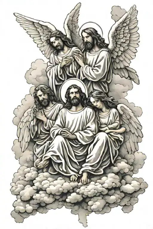 3 angels each above the other each sitting on a separate cloud and Jesus is above them  tattoo design idea