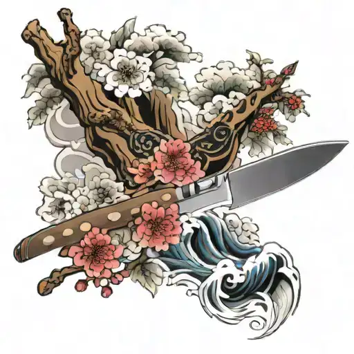 japanese art cherry tree kitchen sushi chef knife tattoo design idea