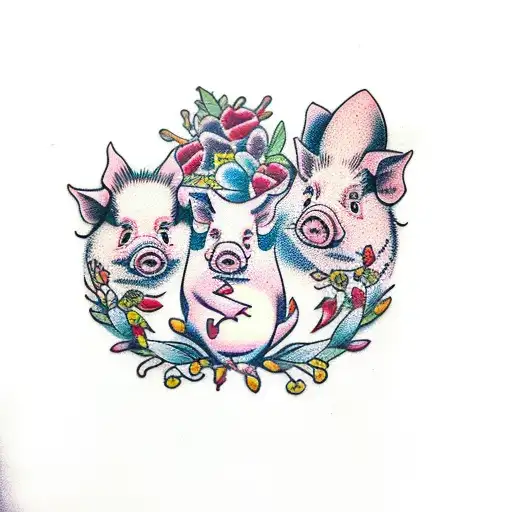family of 4 pigs tattoo design idea