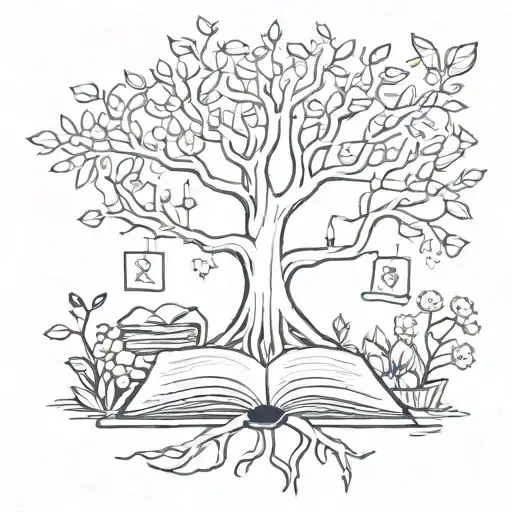 A sketch-style tattoo of a whimsical tree of knowledge, with branches filled with flowers and leaves shaped like psychology textbooks and symbols tattoo design idea