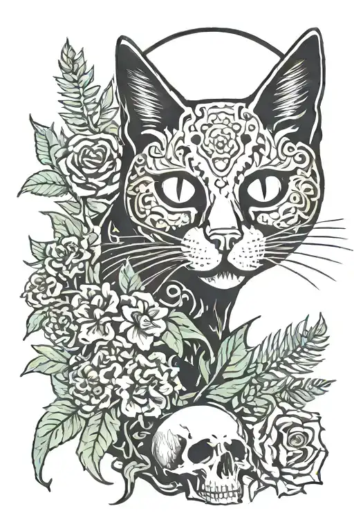 black cat, fern, mouse skull and moon tattoo design idea