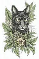 black cat and fern tattoo design idea