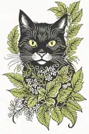 black cat and fern tattoo design idea