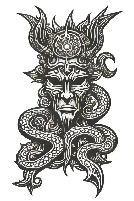 trident inlaid with kukulkan head tattoo design idea