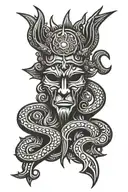 trident inlaid with kukulkan head tattoo design idea