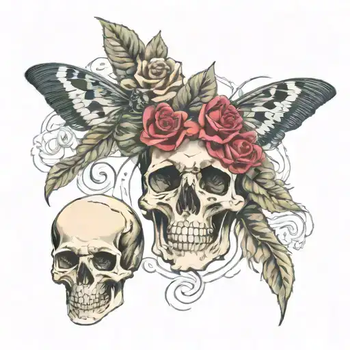skulls, roses moths vintage tattoo design idea