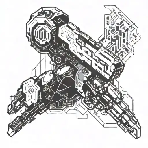 A futuristic cybernetic arm incorporating coding symbols and elements from Counter Strike, with a hidden tribute to Sam the Kid tattoo design idea