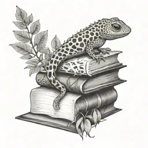 books with leopard gecko and plants growing inside tattoo design idea