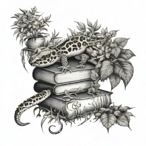 books with leopard gecko and plants growing inside tattoo design idea