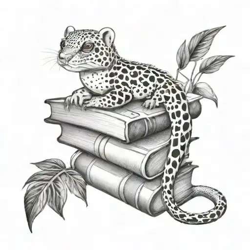 books and leopard gecko with plants growing tattoo design idea