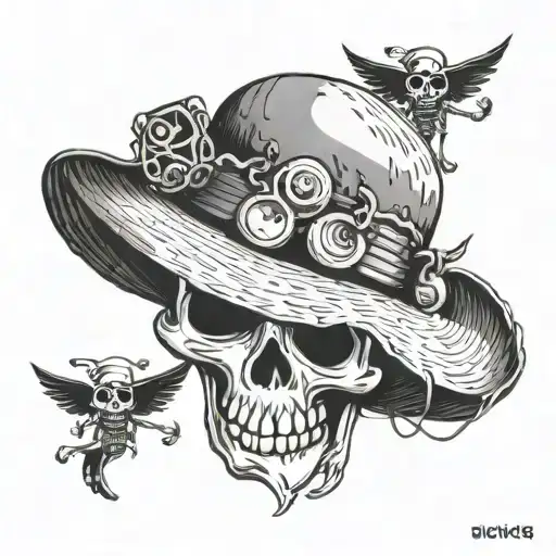 Create a tattoo design featuring the Straw Hat Pirates from One Piece embarking on a new adventure, with a musical theme inspired by the song 'Binks no Sake' tattoo design idea