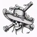 Create a tattoo design featuring the Straw Hat Pirates from One Piece embarking on a new adventure, with a musical theme inspired by the song 'Binks no Sake' tattoo design idea