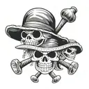 Create a tattoo design featuring the Straw Hat Pirates from One Piece embarking on a new adventure, with a musical theme inspired by the song 'Binks no Sake' tattoo design idea
