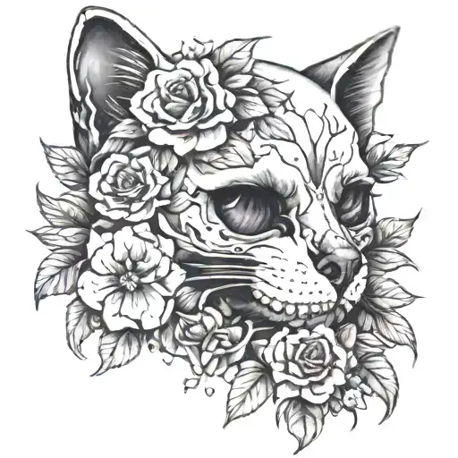 cat skull with flowers tattoo design idea