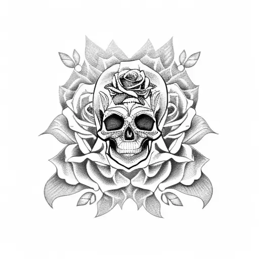 feminine sleeve all black and grey, skull, roses, mandala, smoke, butterfly tattoo design idea