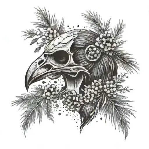 symmetrical raven skull, with pine needles and pinecones, and wildflowers tattoo design idea