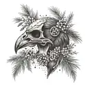 symmetrical raven skull, with pine needles and pinecones, and wildflowers tattoo design idea