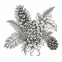 symmetrical tattoo animal bones pine needles and pinecones, and wildflowers tattoo design idea