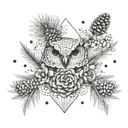 symmetrical tattoo animal bones pine needles and pinecones, and wildflowers tattoo design idea