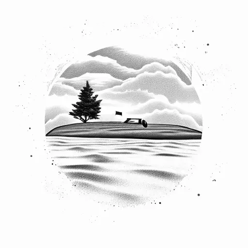 A golf flag planted on a deserted island surrounded by a lake, with a truck parked on the shore tattoo design idea