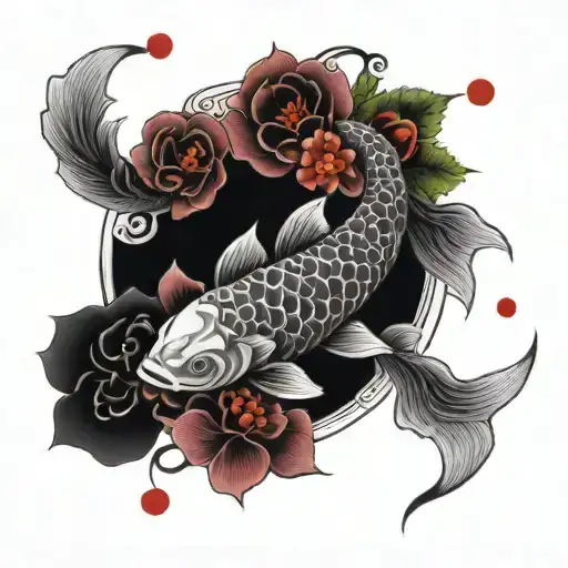red and black koi fish yin yang sund and moon with flowers blooming tattoo design idea