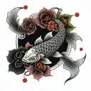 red and black koi fish yin yang sund and moon with flowers blooming tattoo design idea