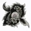 red and black koi fish yin yang sund and moon with flowers blooming tattoo design idea