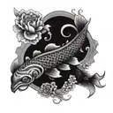 red and black koi fish yin yang sund and moon with flowers blooming tattoo design idea
