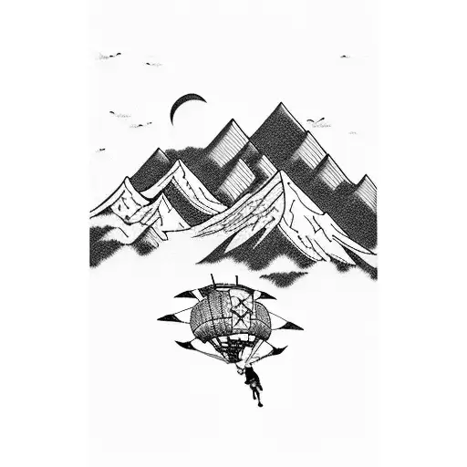 A detailed tattoo of a mountain range with a skydiver descending from the clouds tattoo design idea