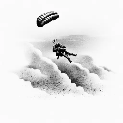 A dramatic scene of a Navy seal parachuting into war-torn terrain tattoo design idea