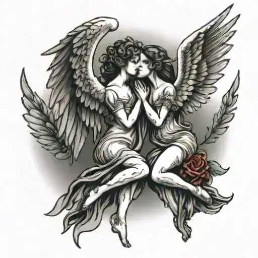 two kissing female angels flying tattoo design idea