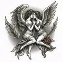 two kissing female angels flying tattoo design idea