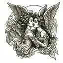 two kissing female angels flying tattoo design idea