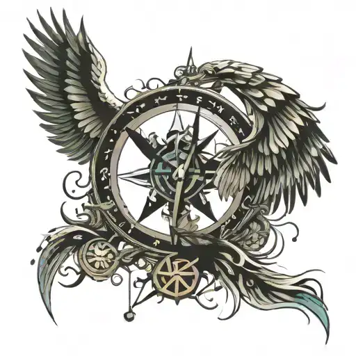 assasins with wings spread wide with compass and kaizen symbol wriitten in japanese word tattoo design idea