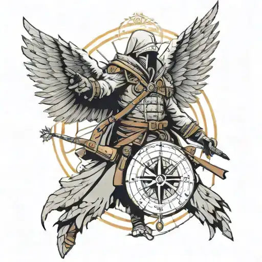 assasin costume standing with spread wings and compass and eagle with kaizen word written in japanese tattoo design idea