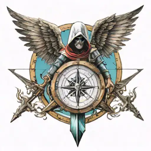 assasin with wings spread holding arrow and bow with compass with arrow tattoo design idea