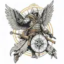 assasin costume standing with spread wings and compass and eagle with kaizen word written in japanese tattoo design idea