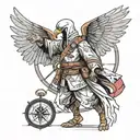 assasin costume standing with spread wings and compass and eagle with kaizen word written in japanese tattoo design idea