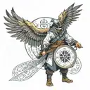 assasin costume standing with spread wings and compass and eagle with kaizen word written in japanese tattoo design idea