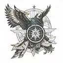 assasin costume standing with spread wings and compass and eagle with kaizen word written in japanese tattoo design idea