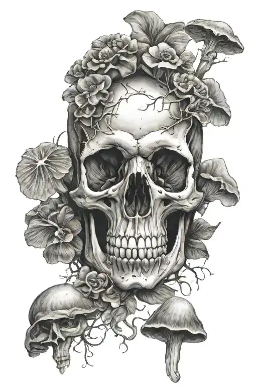skull with mushrooms growing tattoo design idea