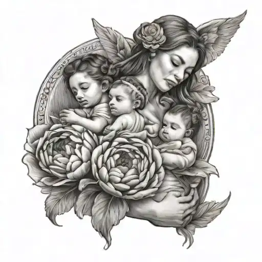 Femine full sleev with peony , mother with 3 kids , mother with one angel baby  tattoo design idea