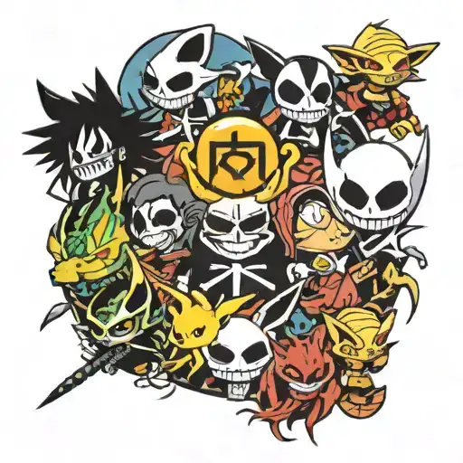 collage of demon slayer, dragon ball z, jack skellington, pikachu, and eeveeloutions   tattoo design idea