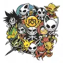 collage of demon slayer, dragon ball z, jack skellington, pikachu, and eeveeloutions   tattoo design idea