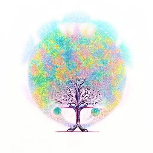 Tree of life, planet, stars, colorful, New age tattoo design idea