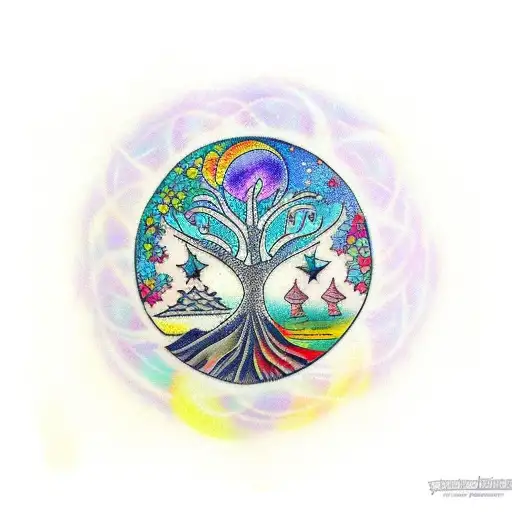 Tree of life, planet, stars, colorful, New age tattoo design idea