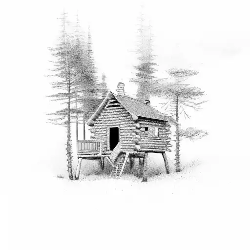 cabin in woods tattoo design idea