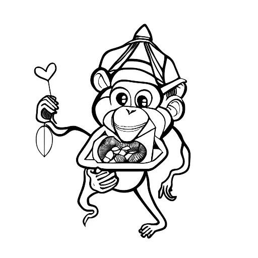 a monkey with a heart as a pupille. He wears a straw hat and got an half eaten apple in his hand. he wears a chain. tattoo design idea
