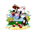 a monkey with a heart as a pupille. He wears a straw hat and got an half eaten apple in his hand. he wears a chain. tattoo design idea