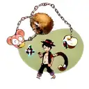 a monkey with a heart as a pupille. He wears a straw hat and got an half eaten apple in his hand. he wears a chain. tattoo design idea